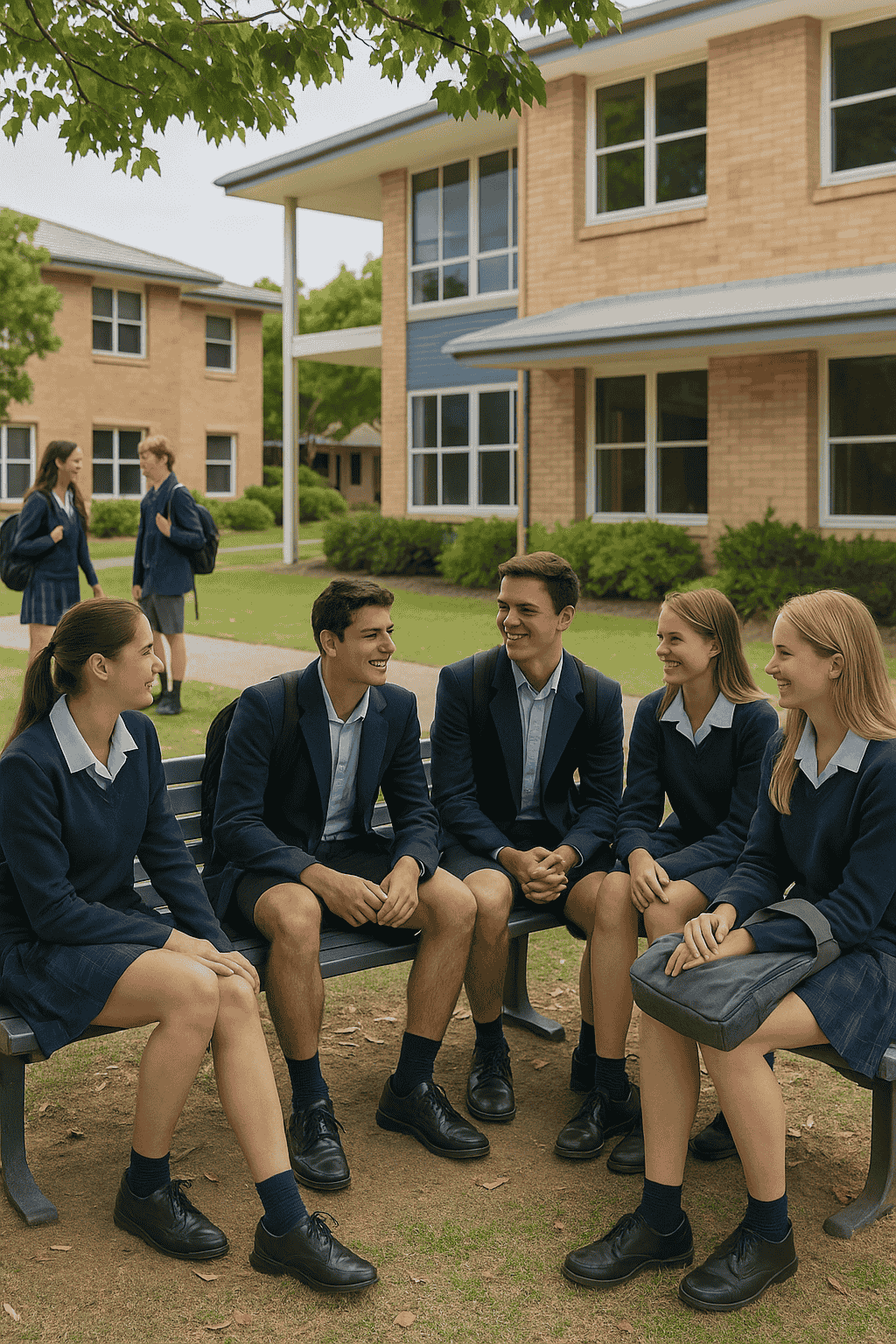 Studenti adolescenti in uniforme rilassati nel cortile di un collegio moderno, seduti su panchine o chiacchierando all’ombra. Sullo sfondo edifici scolastici in mattoni chiari e vegetazione locale. Atmosfera amichevole e sicura, tipica di una boarding school australiana o neozelandese.