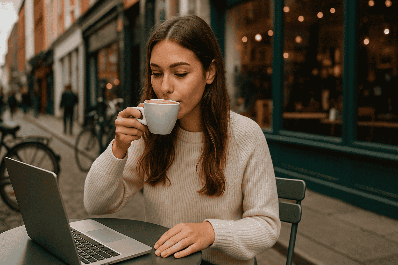 Una studentessa internazionale sorseggia un cappuccino seduta a un tavolino all’aperto in un caffè di Dublino, circondata da biciclette, vetrine e passanti. Indossa un maglione e ha il computer portatile aperto sul tavolo. Il sole filtra tra le nuvole