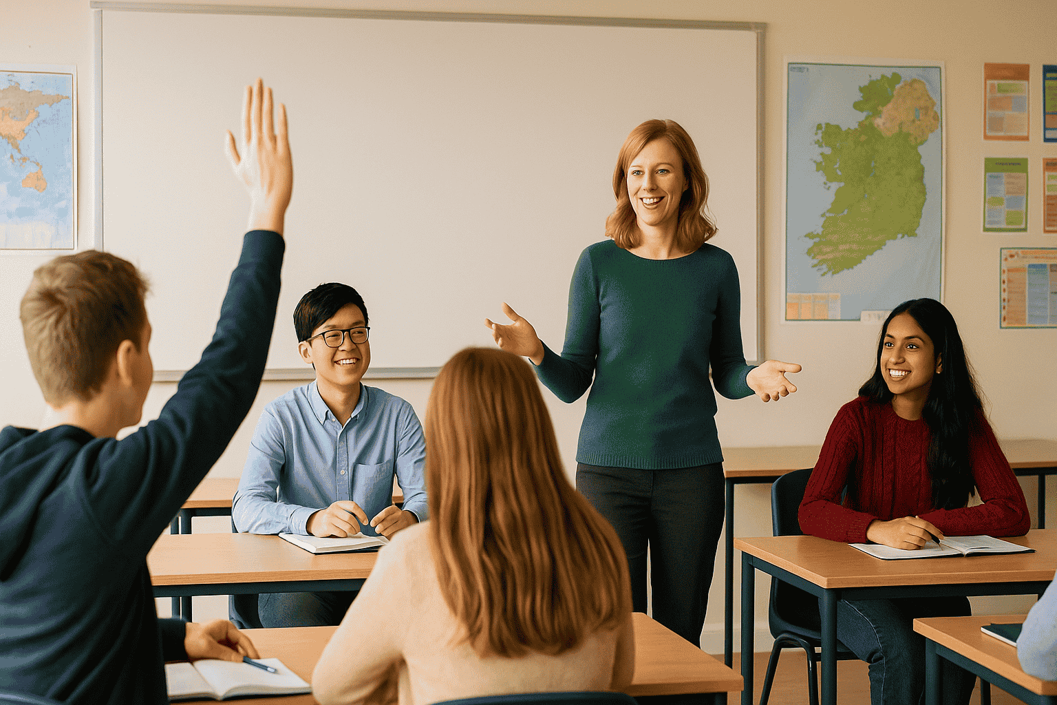 Una classe luminosa con studenti internazionali (europei e asiatici) seduti in banchi ordinati. Un’insegnante irlandese interagisce con la classe davanti a una lavagna bianca, mentre uno studente alza la mano. Sullo sfondo, mappe e materiali didattici colorati