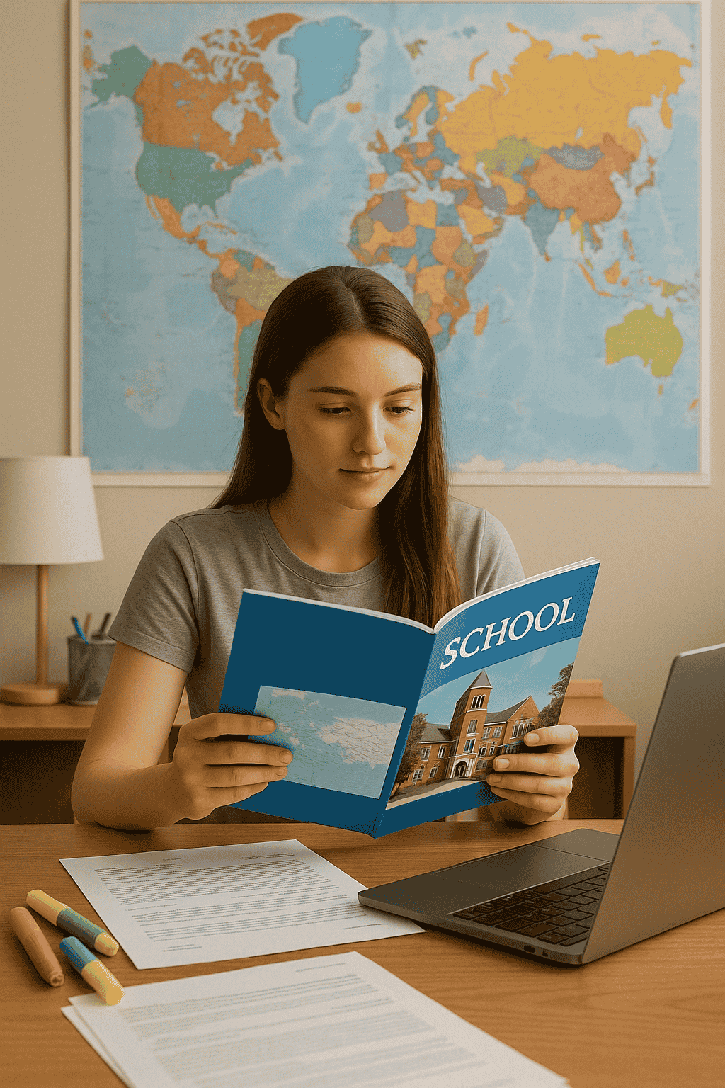 ragazza che legge un libro con cartina alle spalle
