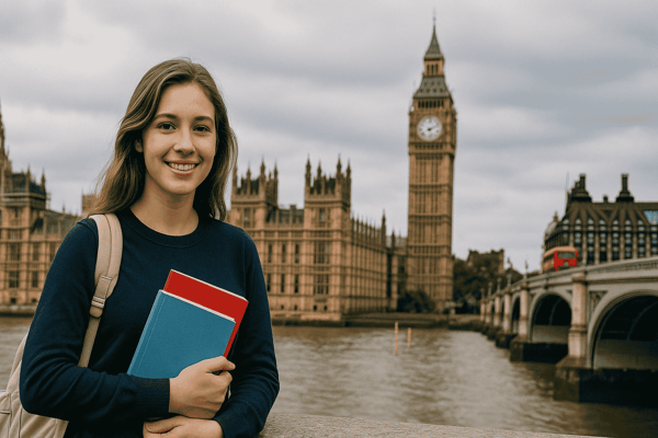 ragazza con libri in mano con sfondo su Londra