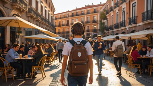 ragazzo di spalle con lo zaino in una città spagnola