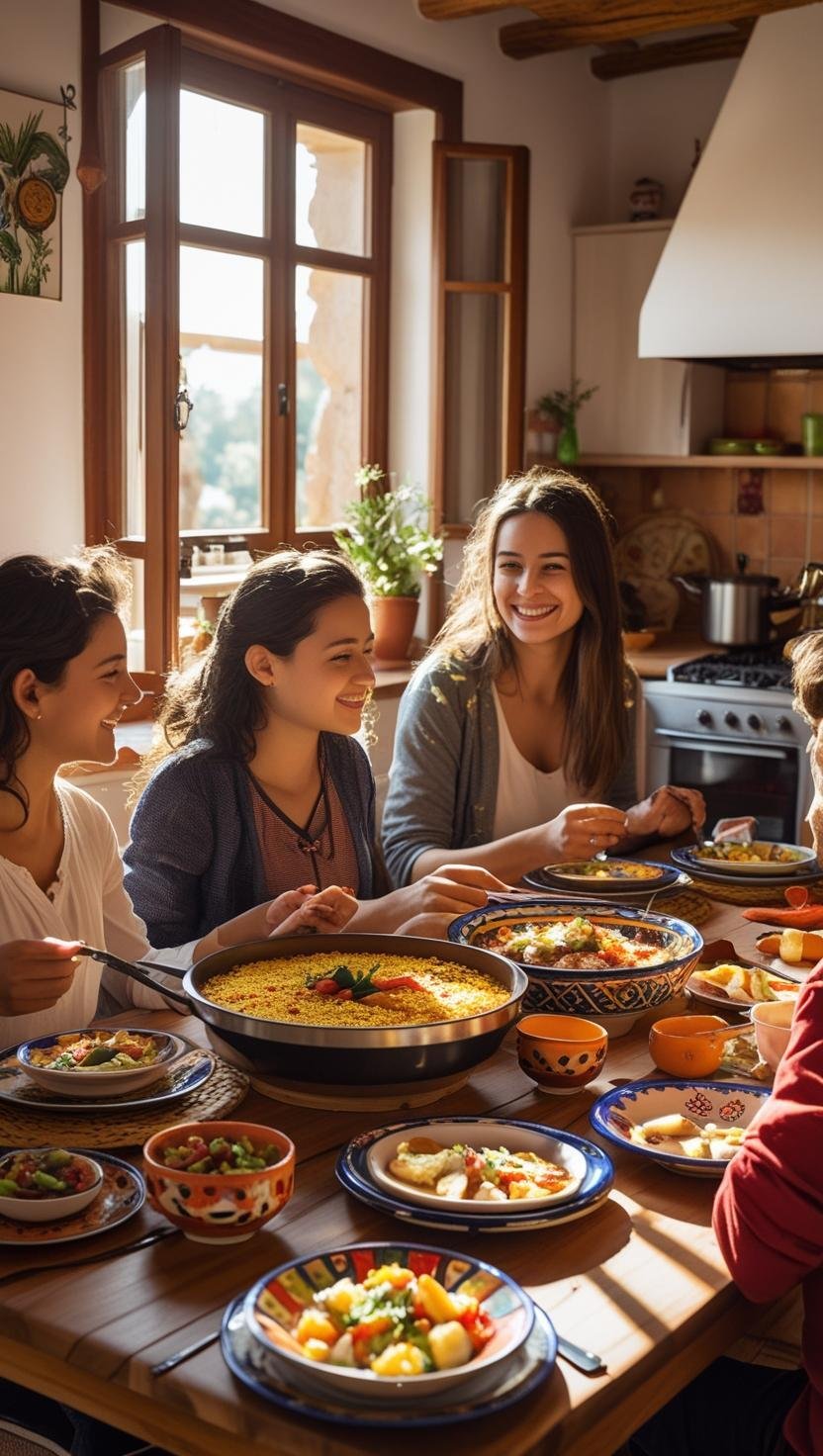 Una scena calda e familiare in una cucina spagnola: uno studente internazionale con una famiglia ospitante che fa colazione o cena insieme. Arredamento accogliente, dettagli autentici come ceramiche colorate e cibo tipico.