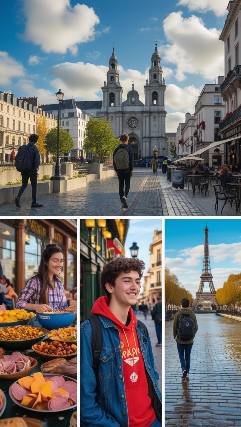 Collage di quattro immagini: una persona passeggia in una piazza europea con una chiesa, una ragazza sorride davanti a piatti tipici, un ragazzo cammina sorridente e una persona osserva la Torre Eiffel riflessa nell’acqua. Atmosfera di viaggio e scoperta.