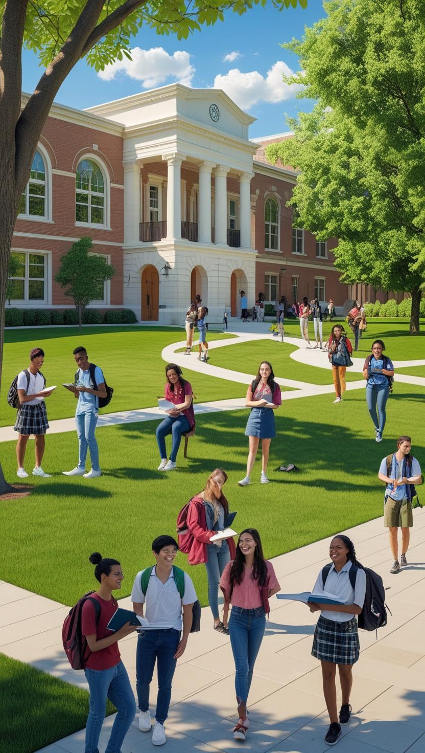 Gruppi di studenti con zaini e libri camminano e chiacchierano su un prato davanti a un grande edificio scolastico in stile classico, in una giornata di sole. L’atmosfera è vivace e serena, tipica di un campus universitario