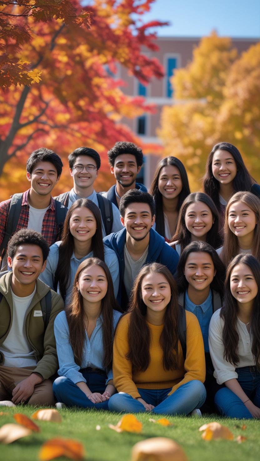 Un gruppo di studenti sorride seduto sull’erba in un parco con alberi dalle foglie autunnali colorate. Sullo sfondo si intravede un edificio scolastico. L’atmosfera è allegra e conviviale, tipica di una giornata di scuola o università.