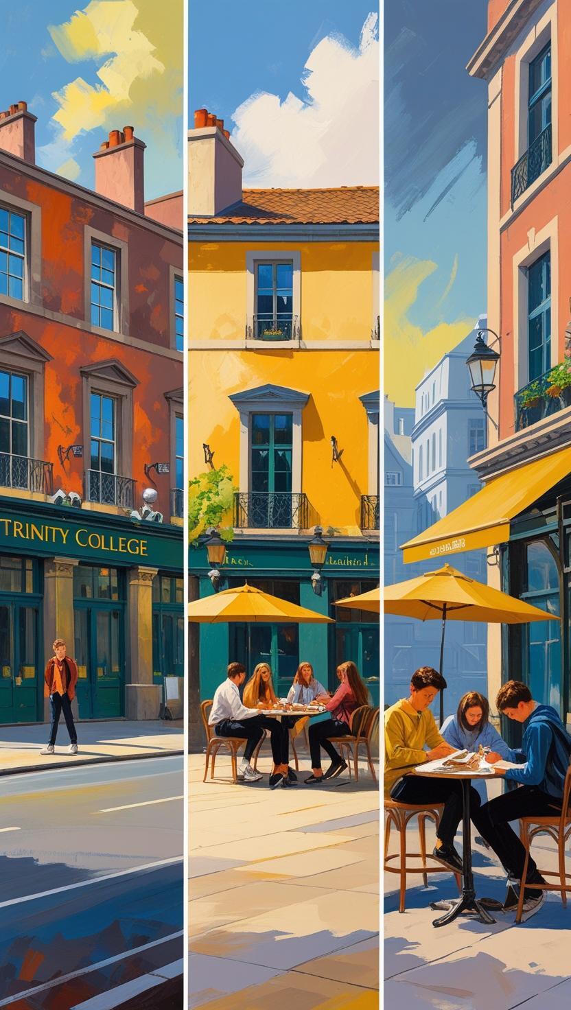 Tre scene urbane colorate: a sinistra una persona cammina vicino a un edificio con l’insegna “Trinity College”; al centro e a destra, gruppi di giovani siedono ai tavolini di un caffè all’aperto sotto ombrelloni gialli, in una giornata di sole.