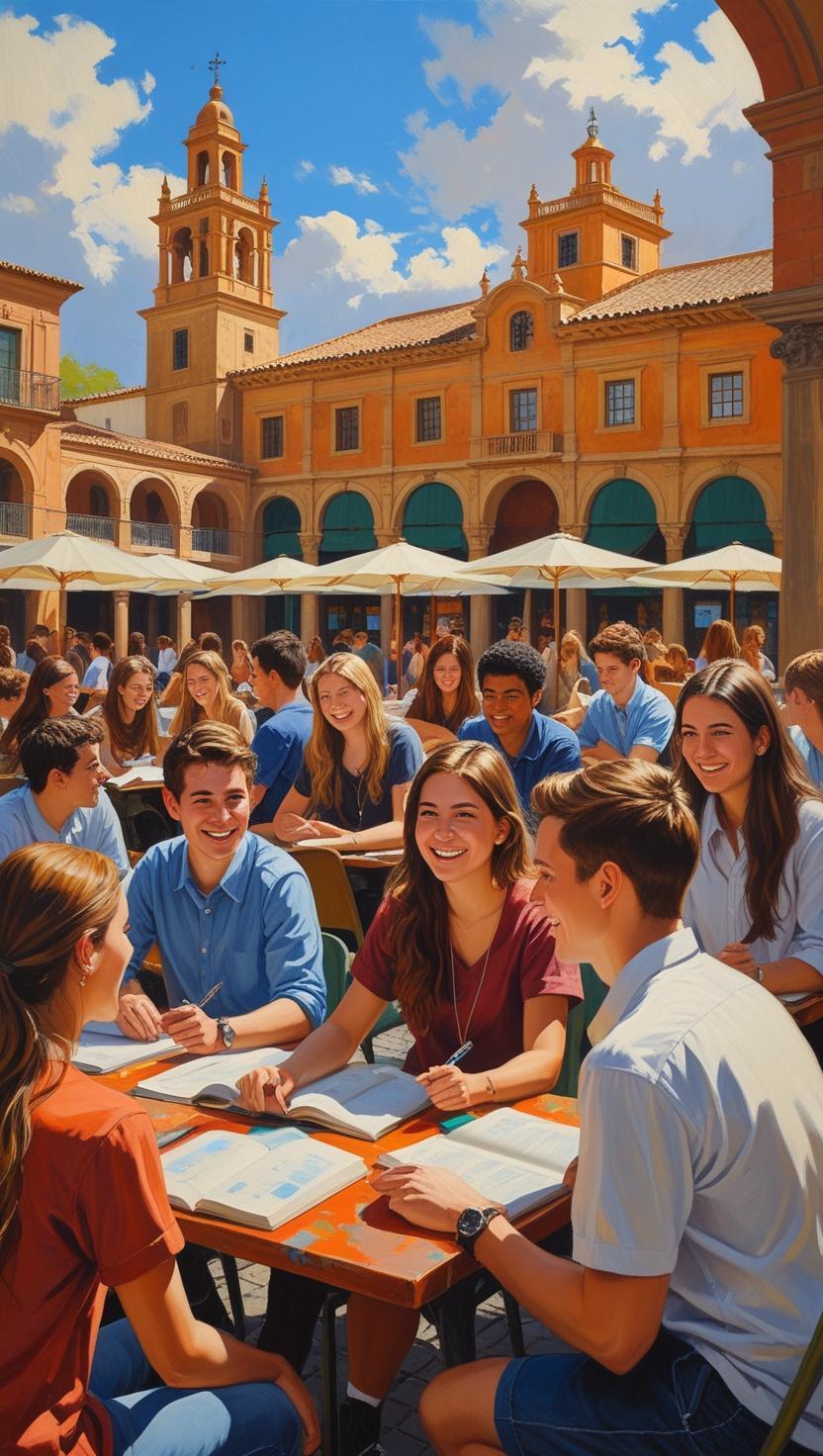 Un gruppo di studenti è seduto a tavolini all’aperto, chiacchiera e studia insieme in una piazza soleggiata circondata da edifici storici e portici. L’atmosfera è vivace e rilassata, tipica di una giornata universitaria all’aperto.